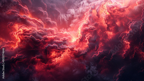 Turbulent vortex of crimson smoke  bursting with fiery energy