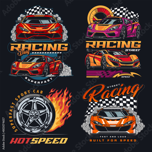 Drag racing set flyers colorful