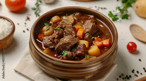 Bowl with delicious beef stew and different ingredient