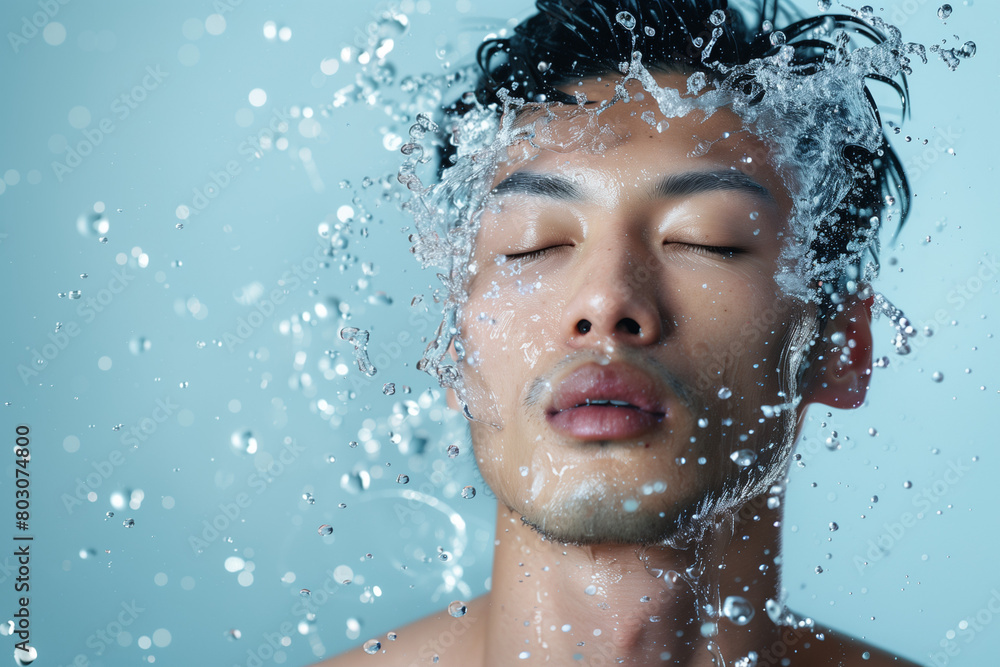 水を浴びるアジア人男性、美容イメージ