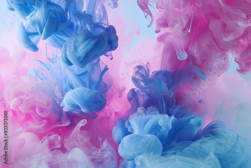Paint Ink drop in water, Motion color explosion smoke, Blue pink color fluid splash vapor 