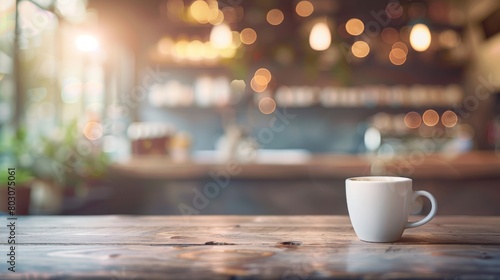 This stunning coffee shop photograph featuring a cozy shelf and table setup  perfect for a cafe or restaurant decor. The bokeh effect in the background adds a touch of magic to the scene