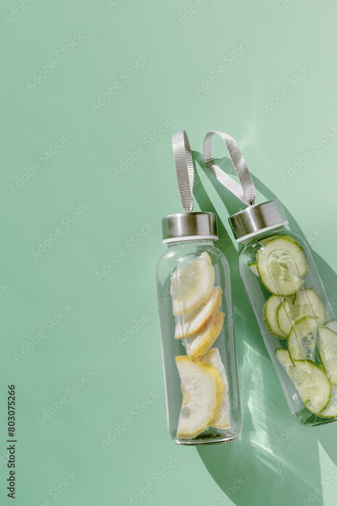 Lemon and cucumber water drink detox in glass bottle at sunlight on green background. Wellness, diet, eating healthy concept. Stylish reusable water bottle, eco friendly lifestyle minimal photo