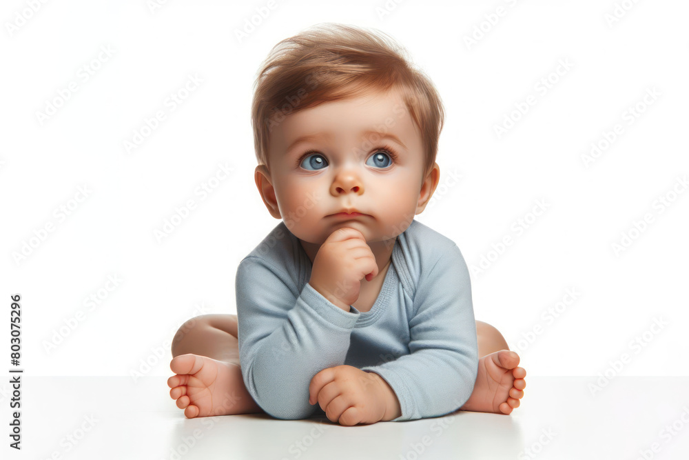 Baby in Thoughtful Posture isolated on a white background Baby in Thoughtful Posture isolated on a white background