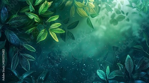 Magical green vegetation with dew drops on the leaves, fog and light dust particles creating a mystical atmosphere Green background with copy space for text.