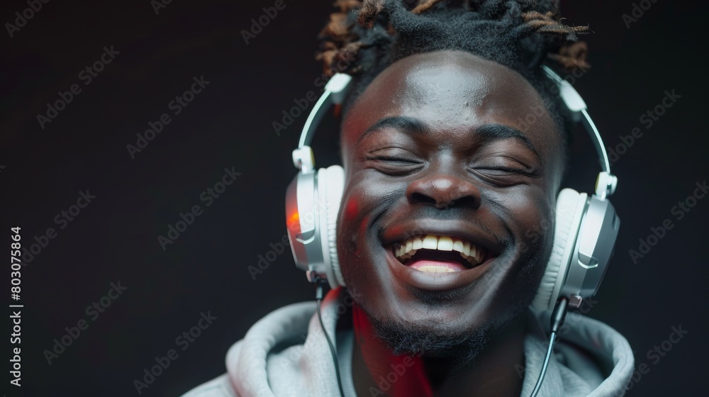 A laughing young man wearing white headphones and a hooded sweatshirt listens to music A laughing young man wearing white headphones and a hooded sweatshirt listens to music