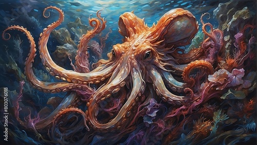 Underwater Octopus Fantasy Art with Red Coral in Blue Sea