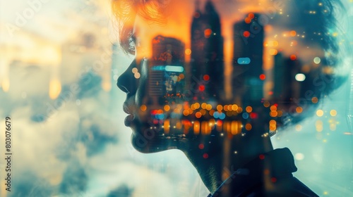 Futuristic double exposure of a young entrepreneur with a vibrant cityscape photo