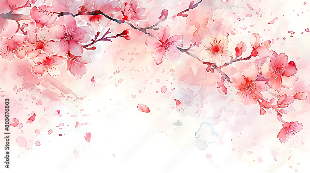 Cherry blossom watercolor painting, fluffy and gentle hand drawn style illustration
