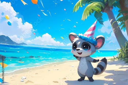 cartoon ferret wearing a birthday hat on the beach © Yoshimura