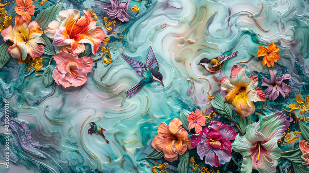 3D blooming flowers and birds, Fluid abstract expressionism, Aesthetics colorful floral inspirational tenderness illustration, oil paint, 3D Wall decoration photo, Generated AI.
