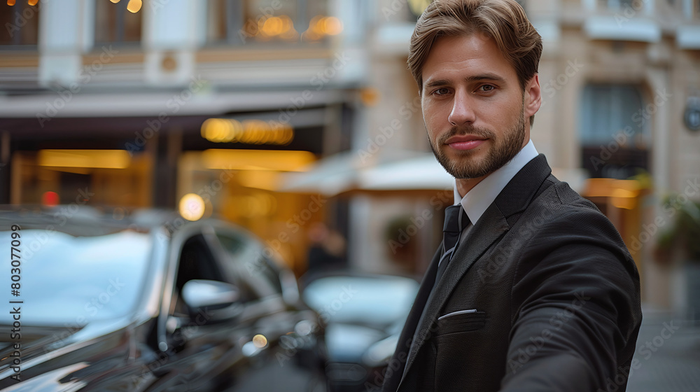 portrait of good looking valet parking man wearing formal suit at the entrance of a luxury hotel, 5 star hospitality service portrait of good looking valet parking man wearing formal suit at the entrance of a luxury hotel, 5 star hospitality service