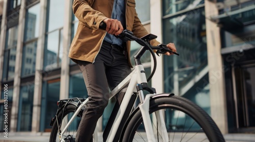 A midsection of businessman commuter with electric bicycle traveling to work in city.