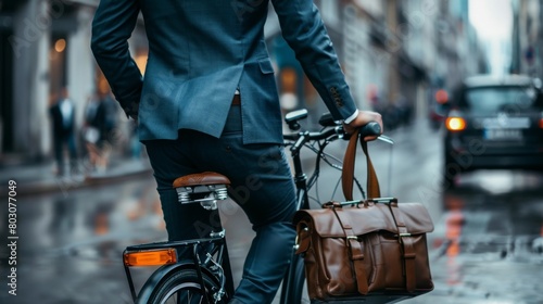 A midsection of businessman commuter with electric bicycle traveling to work in city. photo