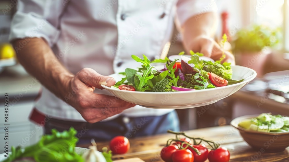 food cooking, profession and people concept - close up of male chef cook with plate of salad at restaurant kitchen table food cooking, profession and people concept - close up of male chef cook with plate of salad at restaurant kitchen table