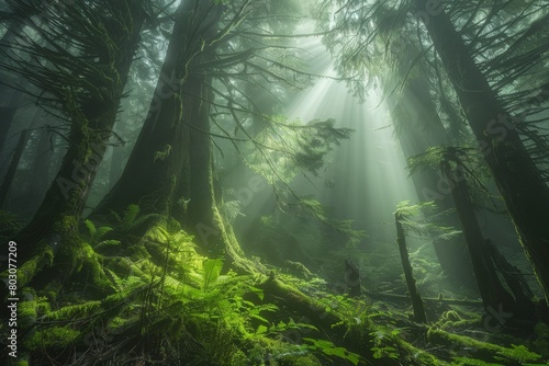 Mystical Sunbeams in Foggy Forest  Ancient Trees  Lush Greenery  Ethereal Morning Light  Nature   s Tranquility