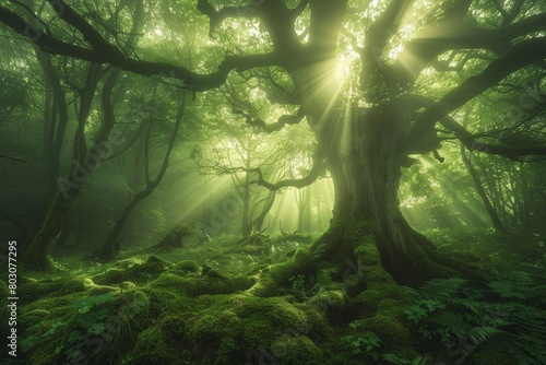 Mystical Sunbeams in Foggy Forest, Ancient Trees, Lush Greenery, Ethereal Morning Light, Nature’s Tranquility © Bernardo