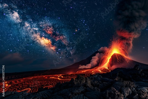 Dramatic Volcanic Eruption at Night Under Starry Sky, Lava Flow, Powerful Nature, Erupting Volcano, Galactic Background photo
