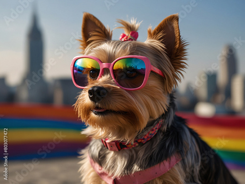 Pride Month, pride parade and a yorkshire terrier york dog wearing a fancy pink sunglasses, the LGBTQ flag with rainbow colors is visible in the background with a big city view