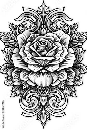 A black and white drawing of a rose with a lot of detail