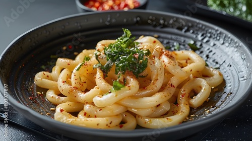 a plate of pici with garlic and chili oil, the thick noodles  photo