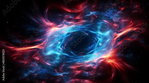 A black hole with blue and red flames around it in space isolated on black background photo