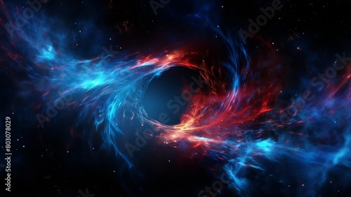 A black hole with blue and red flames around it in space isolated on black background