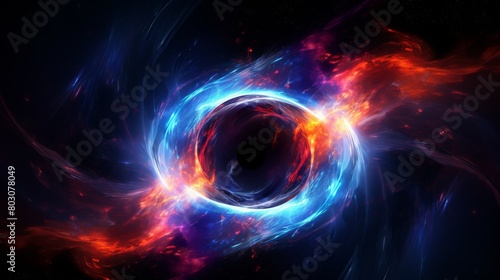 A black hole with blue and red flames around it in space isolated on black background