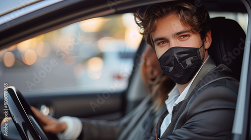 young man working as uber driver, wearing face mask © Luluraschi