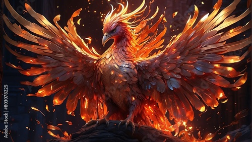Fantasy phoenix bird with beautiful feathers The night sky is full of fractal stars with fireworks exploding. © VFX1988