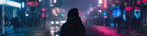 Mysterious person walking in illuminated city
