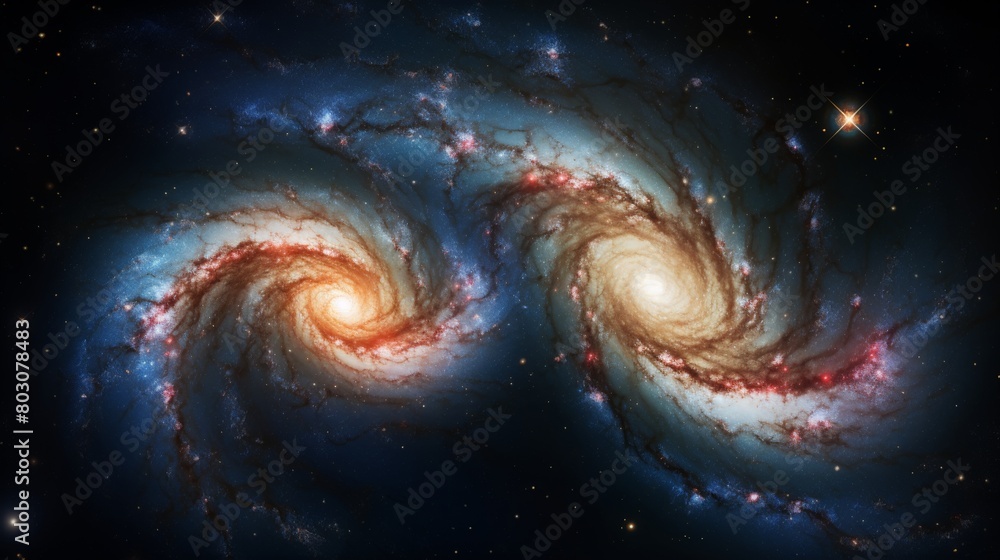 Two spiral galaxies orbiting each other, outer space Two spiral galaxies orbiting each other, outer space