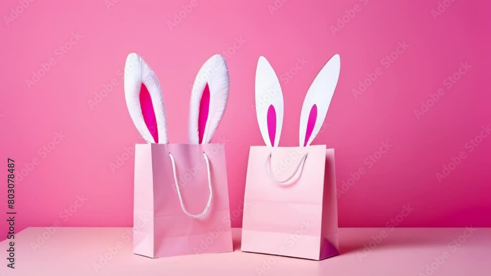 Gift bag with bunny ears and Easter eggs. Concept of online shopping for Easter, purchases and sales for the holiday. Gift bag with bunny ears and Easter eggs. Concept of online shopping for Easter, purchases and sales for the holiday.