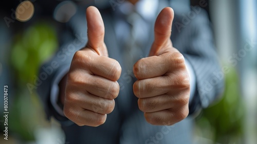 Close-up of a professional offering a two thumbs up sign, expressing approval, achievement, or consensus in a corporate environment