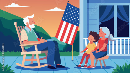 A grandfather seated in a rocking chair on a porch holding an American flag and reminiscing about the countrys independence with his grandchildren.. Vector illustration