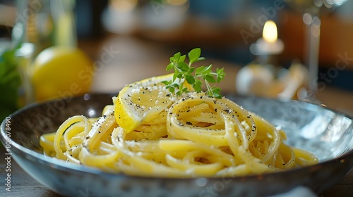 a dish of linguine with lemon and pepper, the pasta beautifully centered and the seasoning sharply captured.