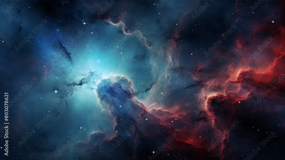 A nebula in outer space with blue and red hues