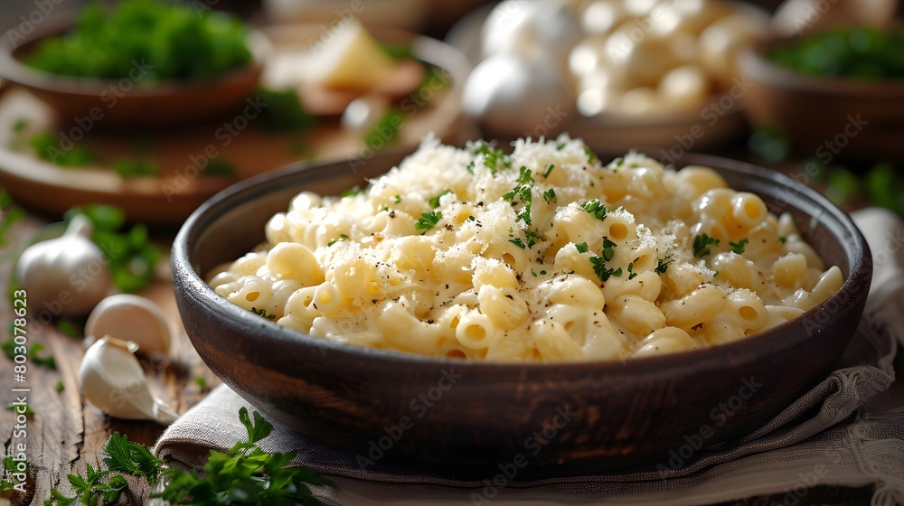 a bowl of creamy garlic pasta, beautifully centered with the creamy texture detailed and appetizing. a bowl of creamy garlic pasta, beautifully centered with the creamy texture detailed and appetizing.