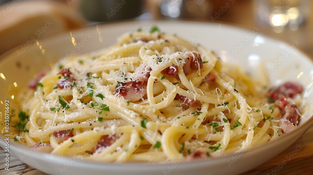 a classic carbonara dish, with each strand of spaghetti beautifully detailed and centrally positioned. a classic carbonara dish, with each strand of spaghetti beautifully detailed and centrally positioned.