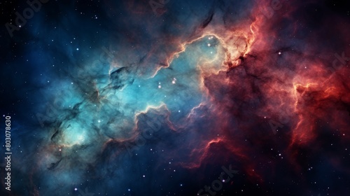 A nebula in outer space with blue and red hues