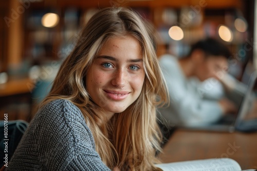 Wallpaper Mural Young attractive female student with a captivating smile studying in a library, surrounded by books and a focused ambiance Torontodigital.ca