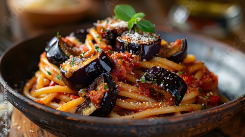 a serving of pasta alla Norma, with eggplant and tomato sauce beautifully centered and captured in detail.