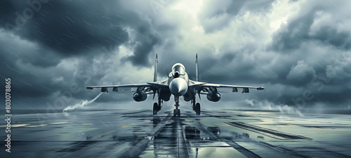 A military fighter jet stands poised on a rainy airfield with dark stormy clouds in the background. photo