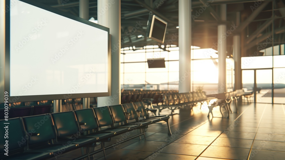 An empty airport terminal seating area during sunset, with large windows and blank advertising screens.