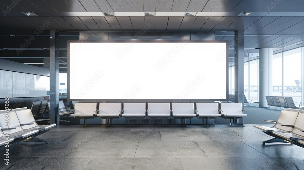 Spacious airport waiting area with rows of seats and a large blank advertising billboard for copy space. Spacious airport waiting area with rows of seats and a large blank advertising billboard for copy space.