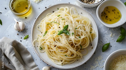 top view of an angel hair pasta with olive oil and garlic