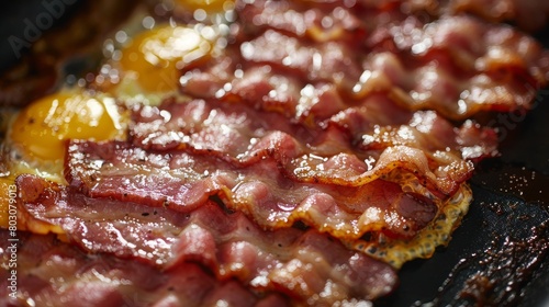 Macro view, of appetizing, tasty, bacon slices in a frying pan, close-up, fried meat to scrambled eggs, shallow depth of field