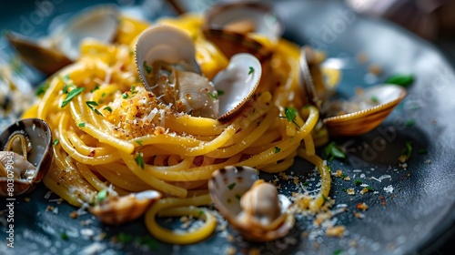 an artistic plating of linguine with clams, focused in the center with the shells adding texture and detail.