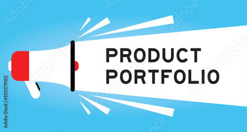 Color megaphone icon with word product portfolio in white banner on blue background