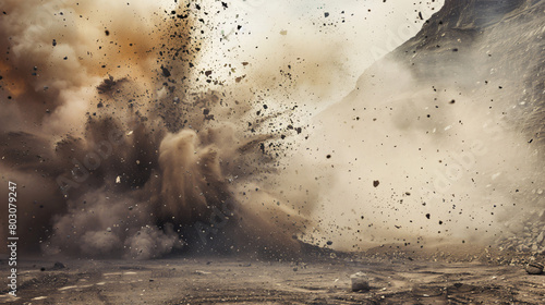 Dust clouds and flying debris during detonator photo